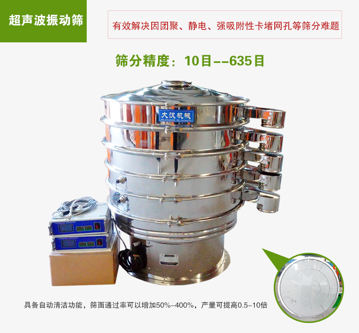 超聲波振動篩具備自動清潔功能，篩面通過率可以增加50%-400%，產(chǎn)量可提高0.5-10倍