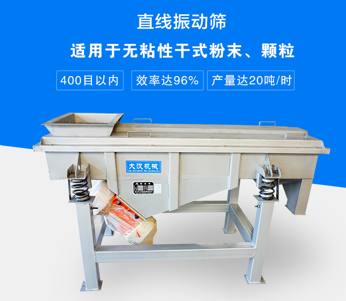 直線振動篩適用于無粘性干式粉末、顆粒，產(chǎn)量達(dá)20噸/時