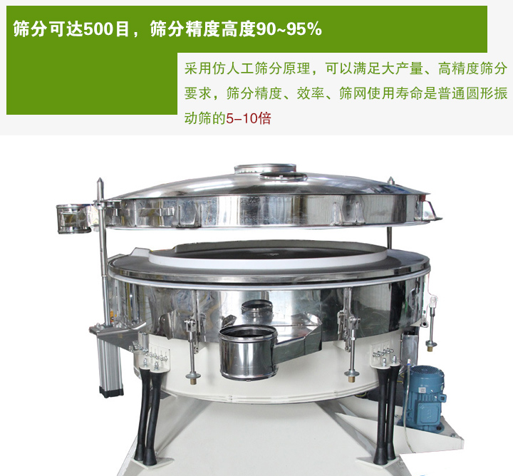 搖擺篩分機采用仿人工篩分原理，可以滿足大產(chǎn)量、高精度篩分 要求，篩分精度、效率、篩網(wǎng)使用壽命是普通圓形振 動篩的5-10倍